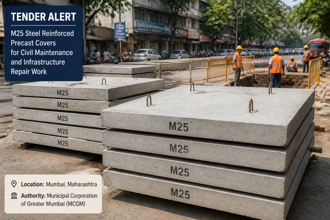 Steel reinforced precast concrete covers ready for installation in Mumbai’s H West Ward infrastructure repair project