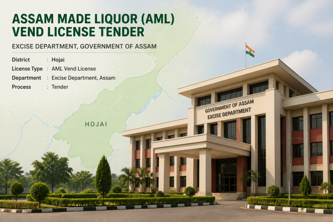 Assam government building with a focus on Assam Made Liquor Vend License tender for Hojai district
