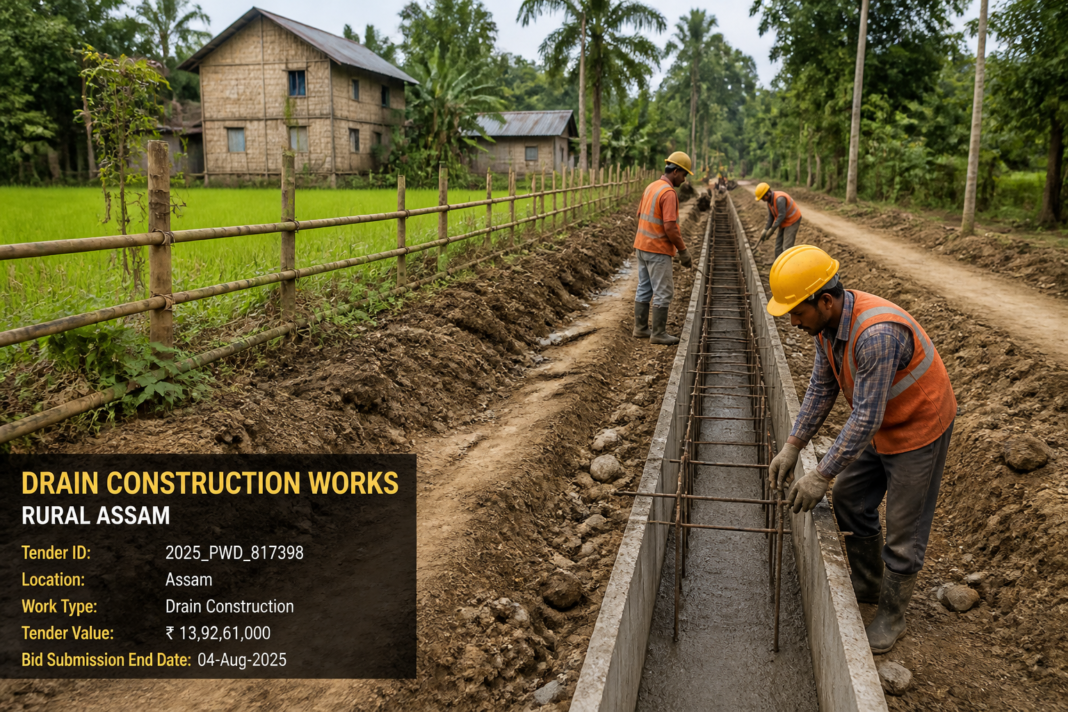 Drain construction site at Hatidhura ICDS Project in Kokrajhar district with workers and earthworks