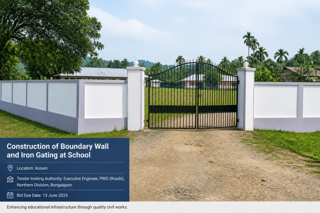 Boundary wall with iron gate construction at Bethesda English Medium School and Community Hall in Kokrajhar, Assam