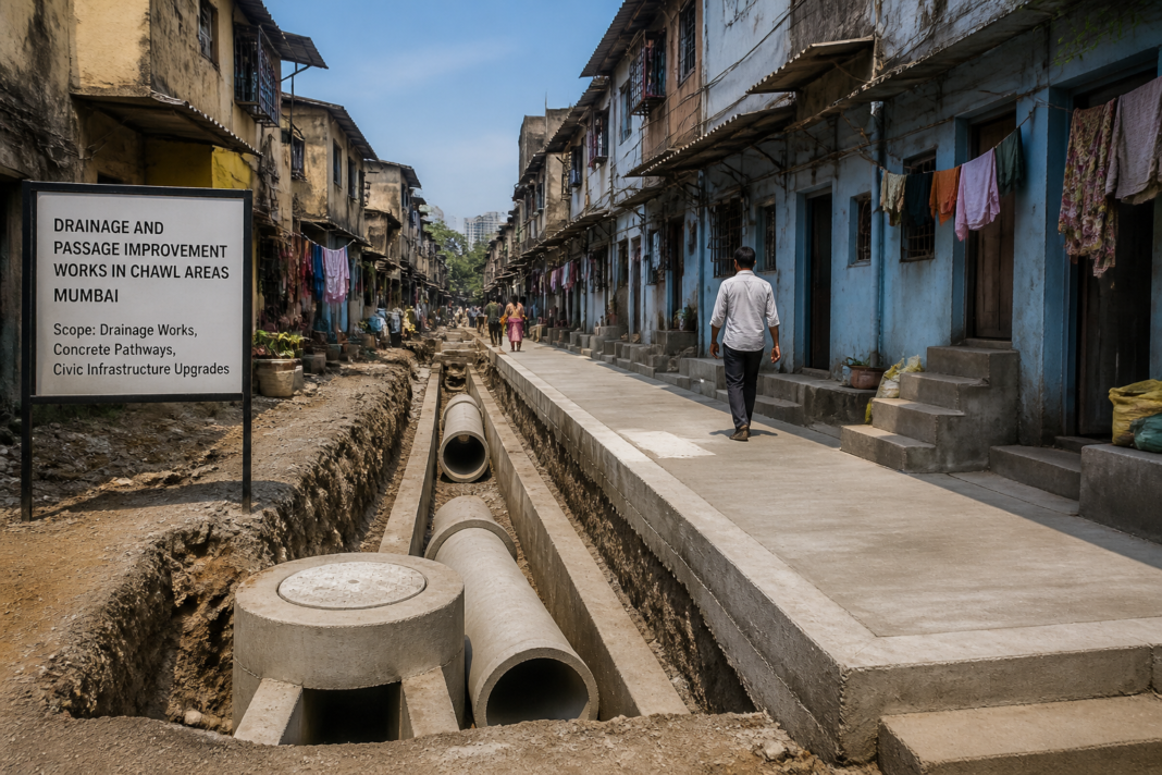 Urban drainage and passage system improvement works at a chawl in G North Ward Mumbai
