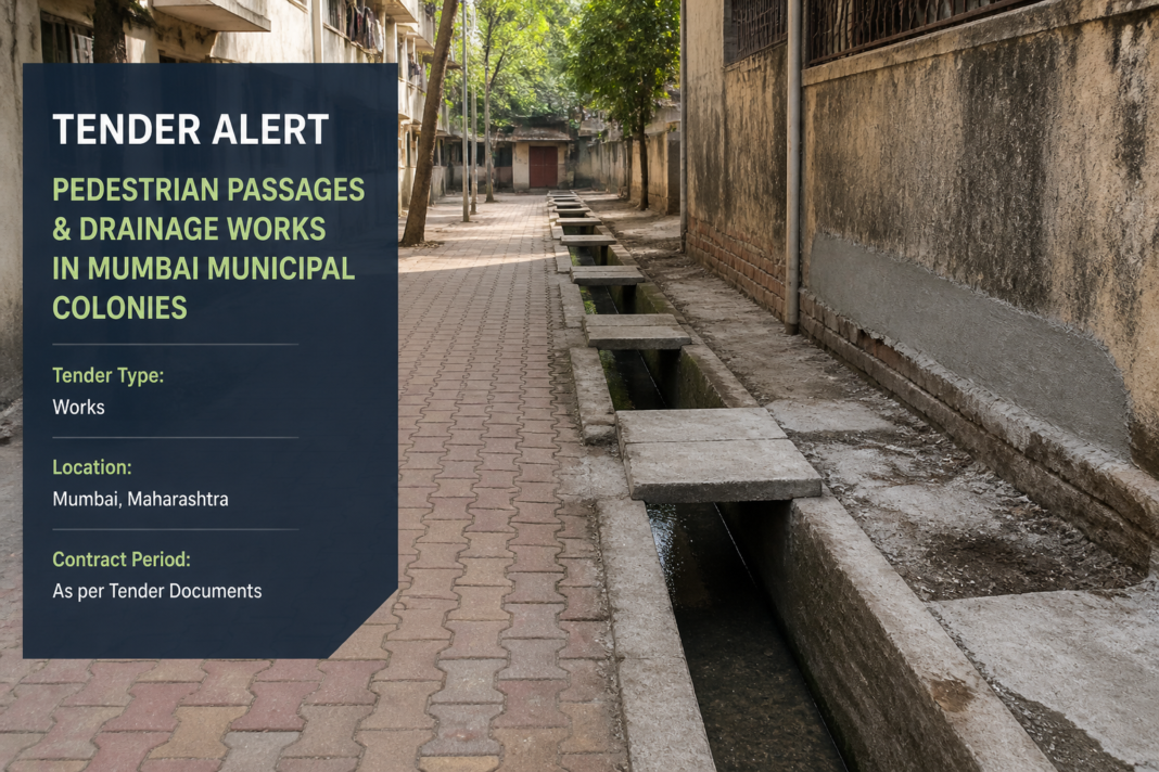 Concrete pedestrian passage and drainage system typical of Mumbai’s Mhada Colony under improvement