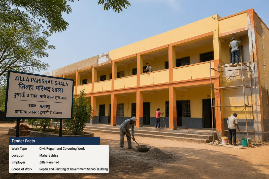 Government school building under civil repair and colouring work at Bhiwandi Nizampur Maharashtra