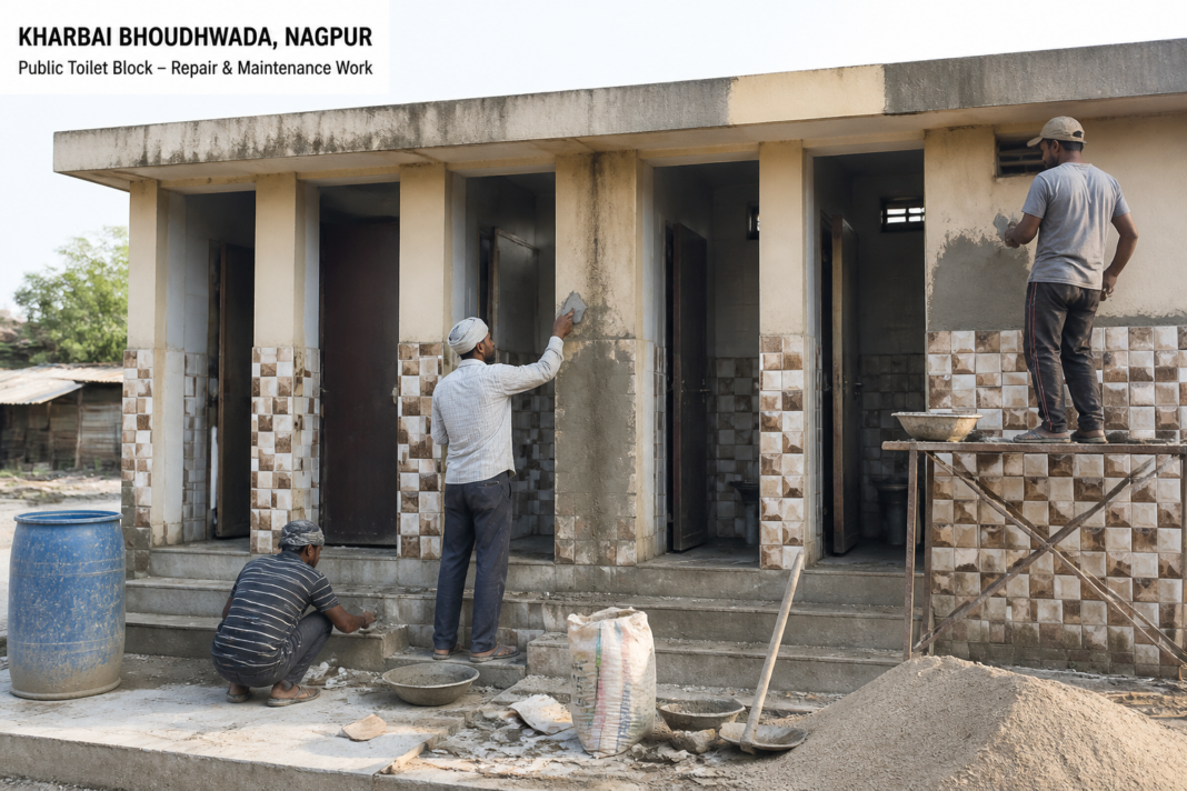Public toilet block at Kharbai Bhoudhwada under repair and maintenance work