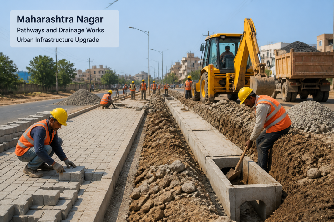 Construction site showing pathways and drainage system works in Maharashtra Nagar urban area for government civil works project
