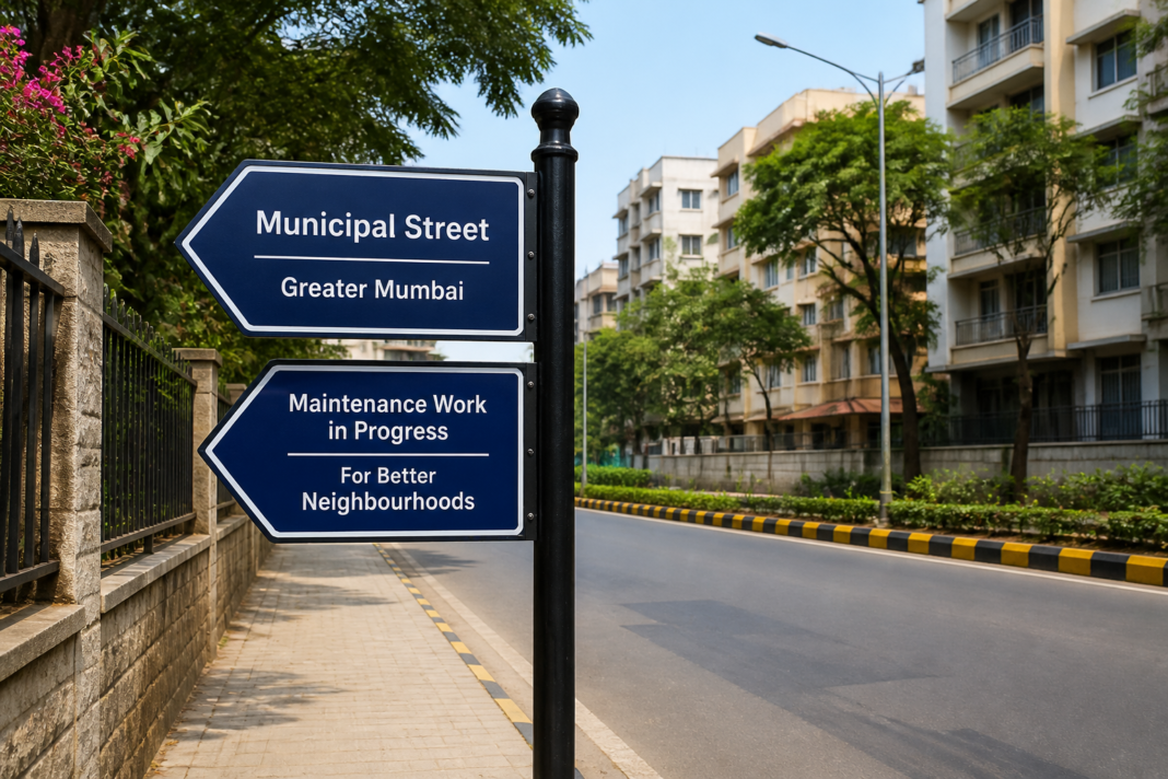 Street view of sign boards installation work in F/North Ward Mumbai for municipal maintenance tender
