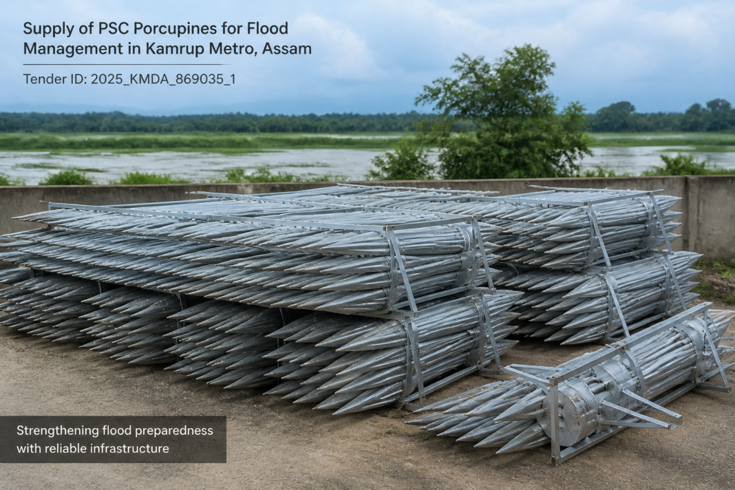 Flood fighting materials PSC Porcupines arranged in government yard for Assam flood management tender in Kamrup Metro