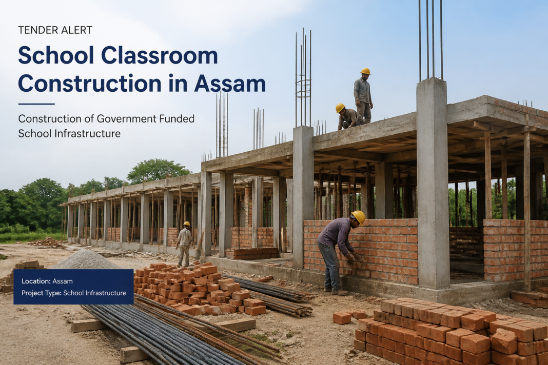 Construction site of additional classrooms at Uttar Silpukhuri High School in Assam showing civil works and building structure in progress.