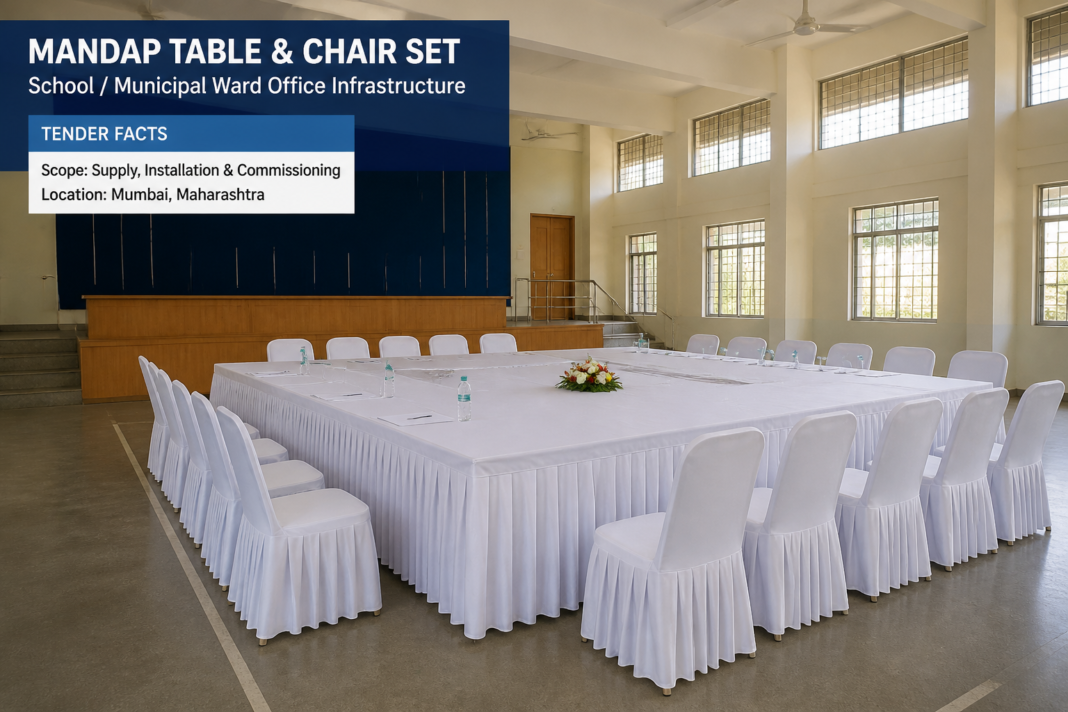 Mandap table and chair set installed inside government school hall representing Navi Mumbai Municipal Corporation civil works tender