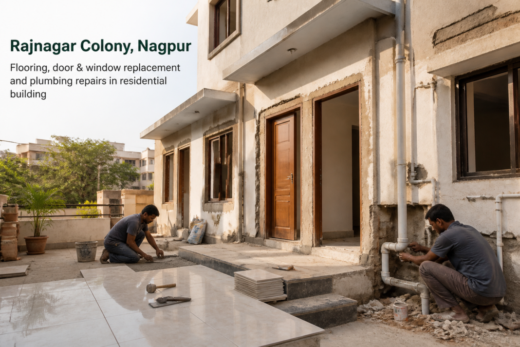 Building in Rajnagar colony Nagpur undergoing repair work including flooring, windows, doors and plumbing