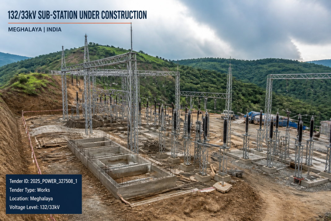 132/33kV electrical sub-station under construction in Meghalaya with civil and electrical infrastructure works