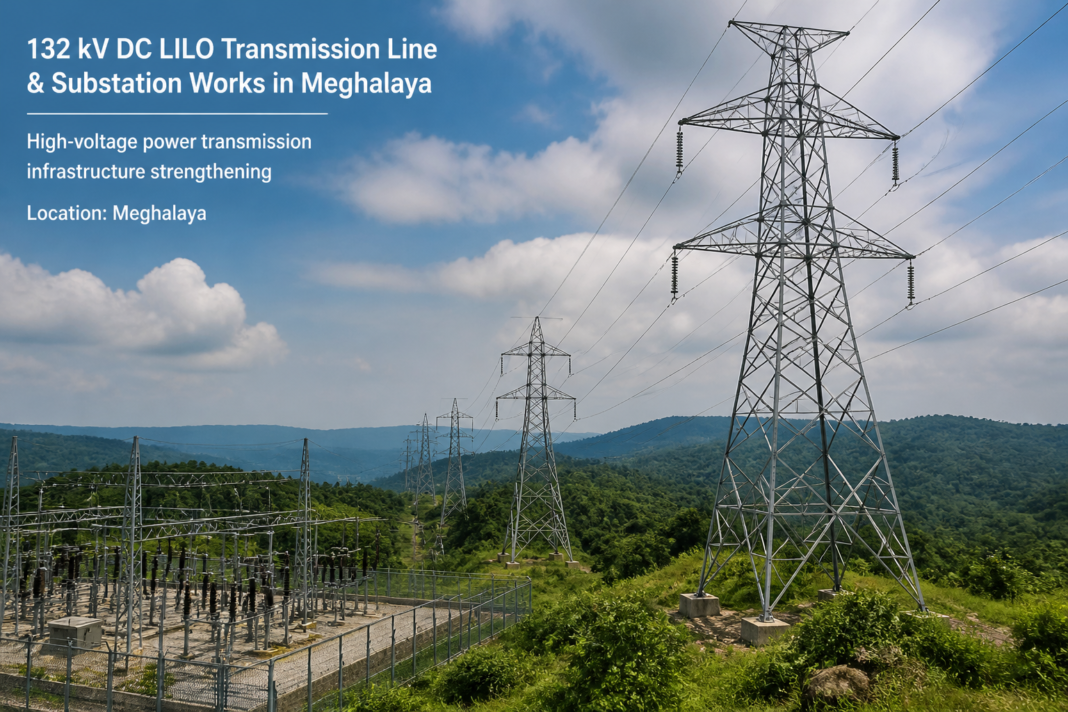 132 kV DC LILO transmission line and towers near Praharinagar Substation in Meghalaya representing power infrastructure works