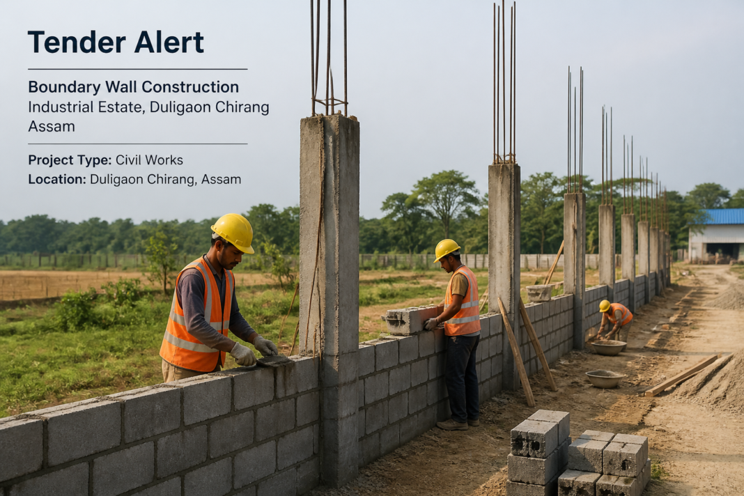 Under-construction boundary wall at Duligaon Chirang Industrial Estate in Assam showing civil works progress