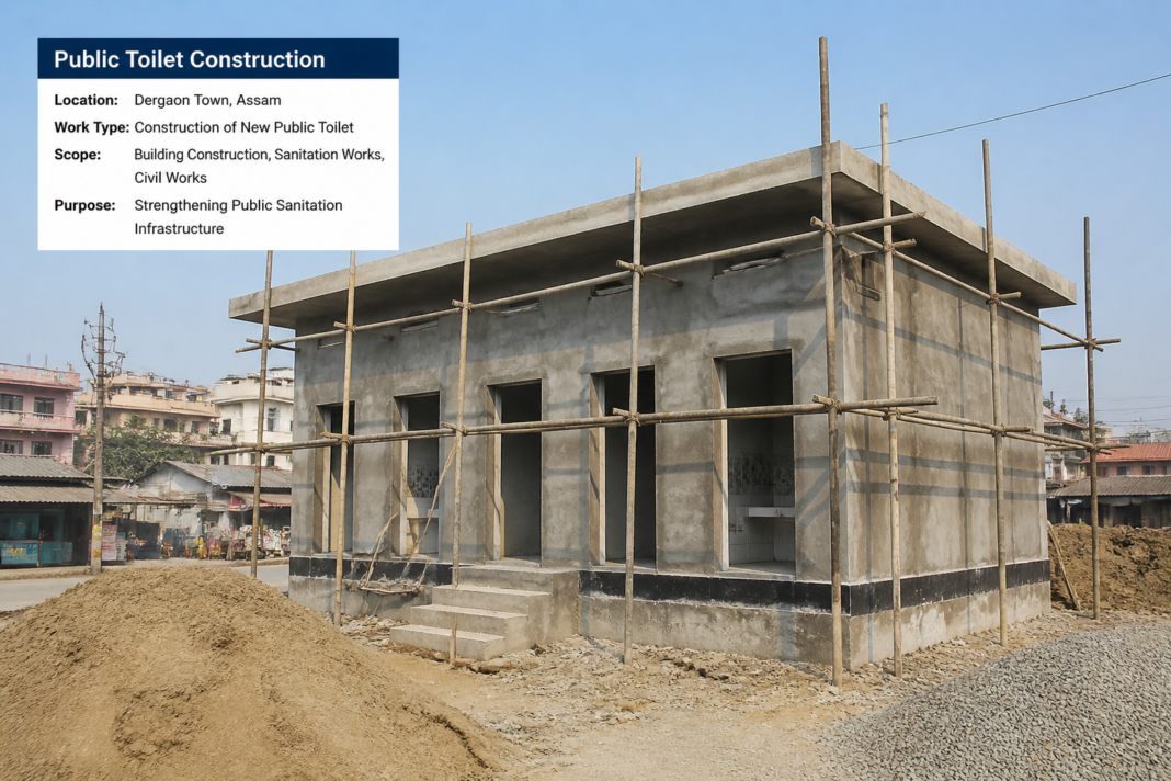 Construction site of new public toilet facility at Dergaon Chariali, Assam for urban sanitation infrastructure upgrade