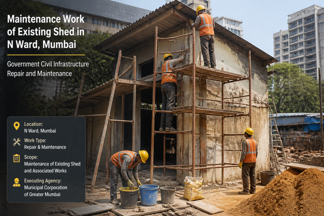 Repair work on an existing shed in Mumbai's N Ward under government civil maintenance project