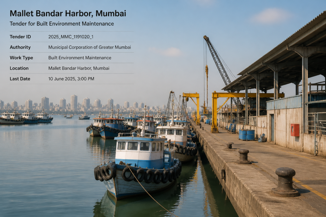 Boats docked at Mallet Bandar Mumbai harbor for civil works maintenance tender in Maharashtra