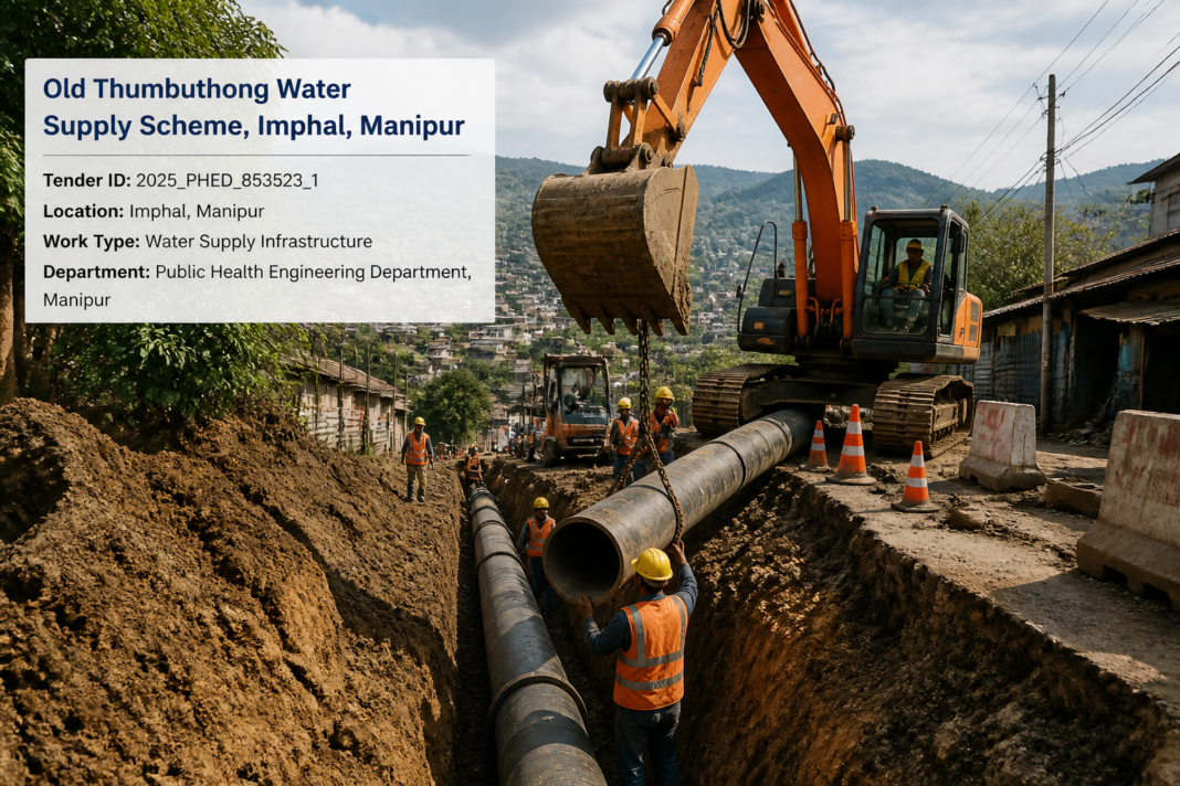 Construction site with water supply infrastructure development for Old Thumbuthong scheme in Imphal, Manipur