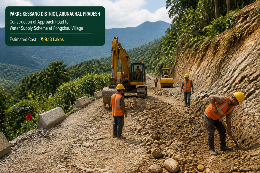 Road construction site in Pakke Kessang District, Arunachal Pradesh, showing civil works for an approach road project.