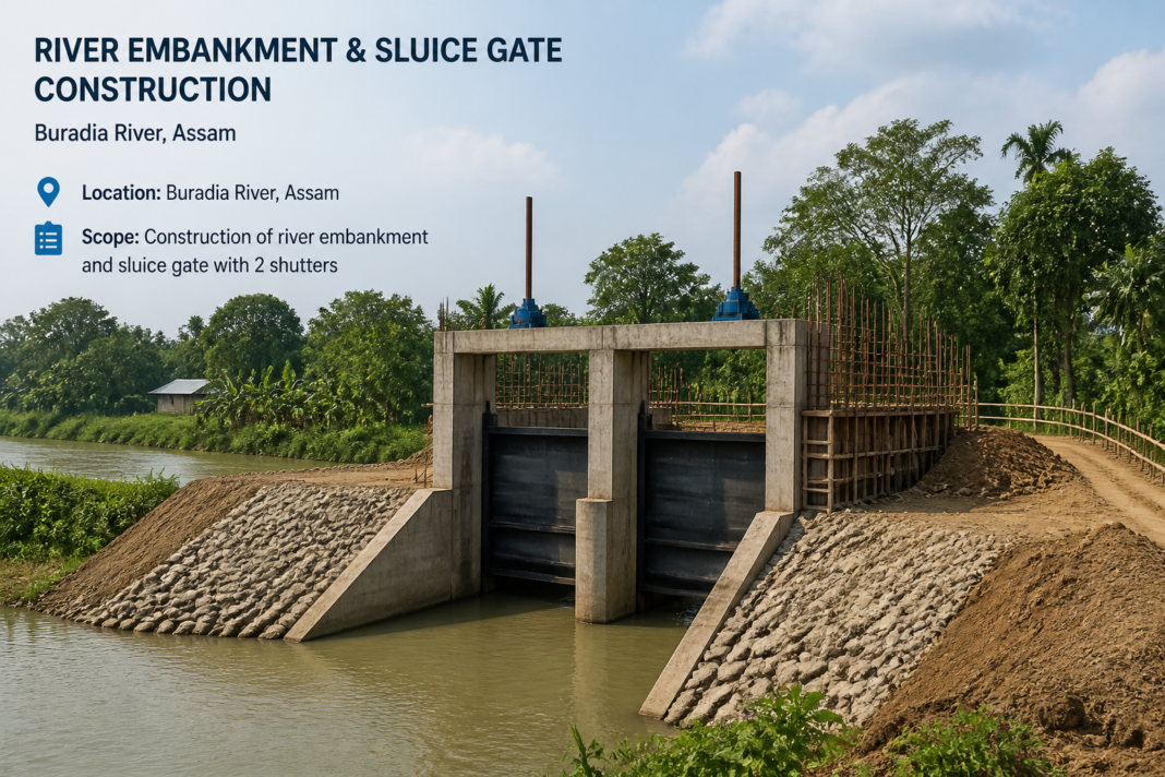 Embankment construction and sluice gate development on Buradia River in Assam under government tender