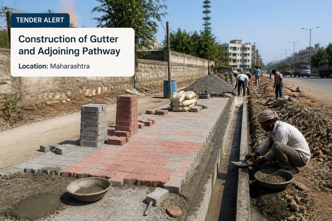 Urban civil construction site showing gutter and pathway work in progress in Kalwa, Maharashtra