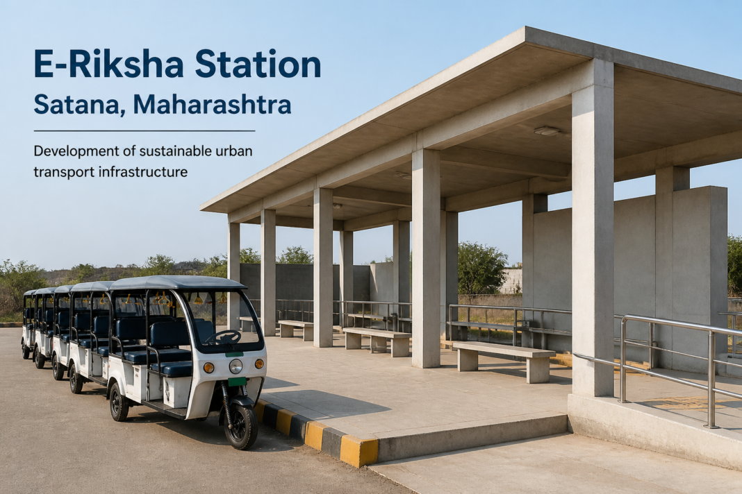 Construction site of E-Riksha station infrastructure in Satana, Maharashtra with concrete platforms and shelters for electric rickshaws