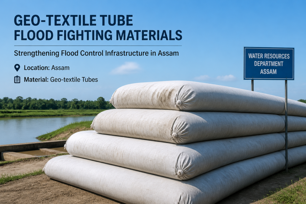 Geo-textile Tube flood fighting materials stacked at a government water resources site in Kamrup Metro, Assam.