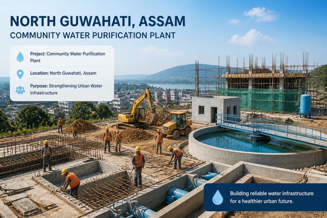 Community Water Purification Plant construction site in North Guwahati municipal area under Assam government tender