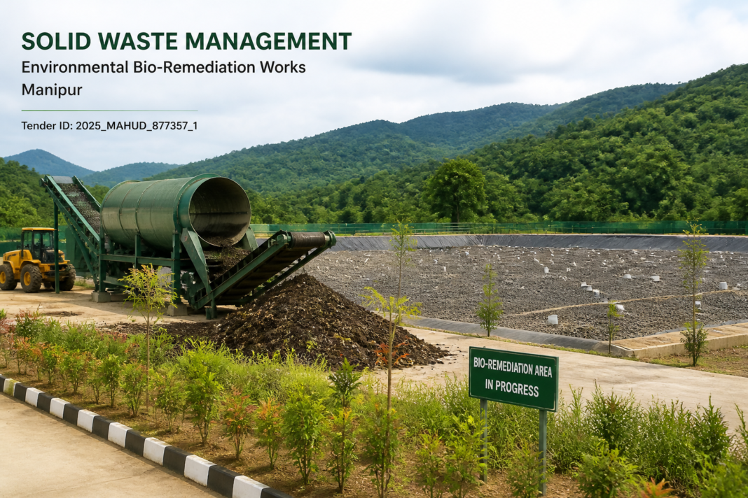 Bio-remediation civil works at Lamdeng Solid Waste Management Plant in Manipur showing sustainable waste treatment infrastructure