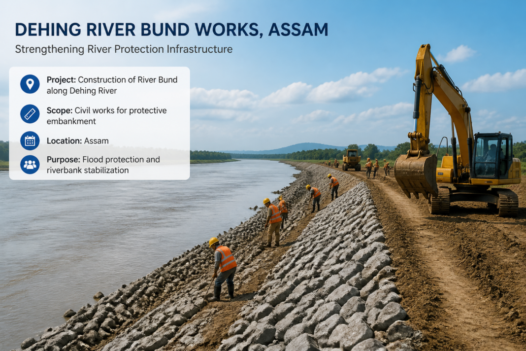 Construction work on the Dehing river bund embankment in Assam for protective civil engineering measures