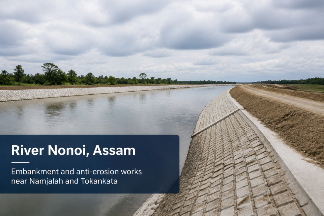 River Nonoi in Assam with civil anti-erosion infrastructure near Namjalah and Tokankata areas
