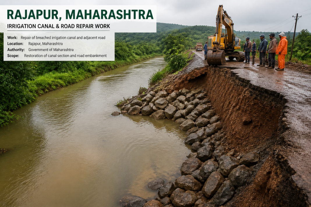 Repair work on breached Arjuna RBC irrigation canal and adjacent road in Rajapur, Maharashtra showing civil engineering restoration efforts