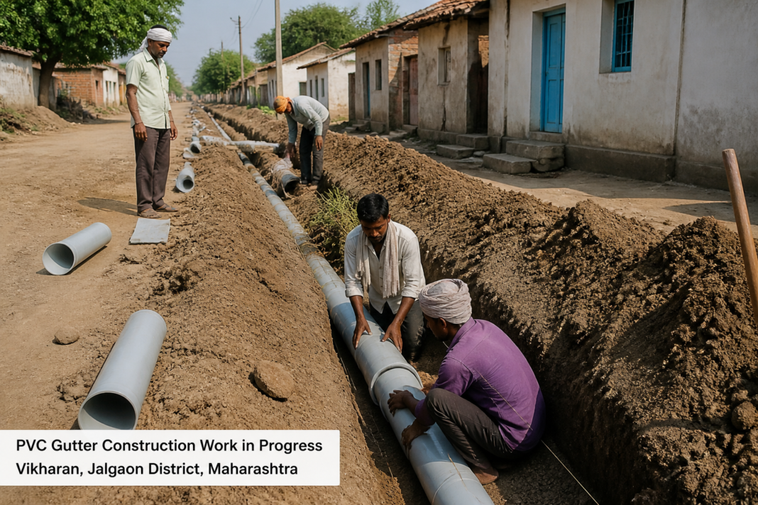 Underground PVC gutter construction work in progress at Vikharan, Maharashtra rural drainage infrastructure project