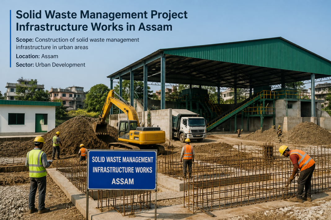 Urban solid waste management infrastructure construction site in Goreswar, Assam under government civil works project